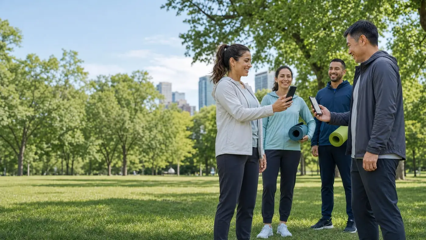Friends in a park checking the app on their phones