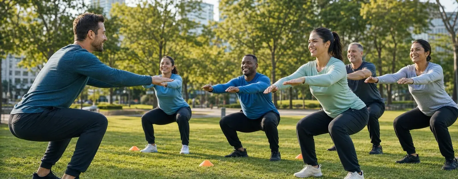 A coach leading a group workout in a city park