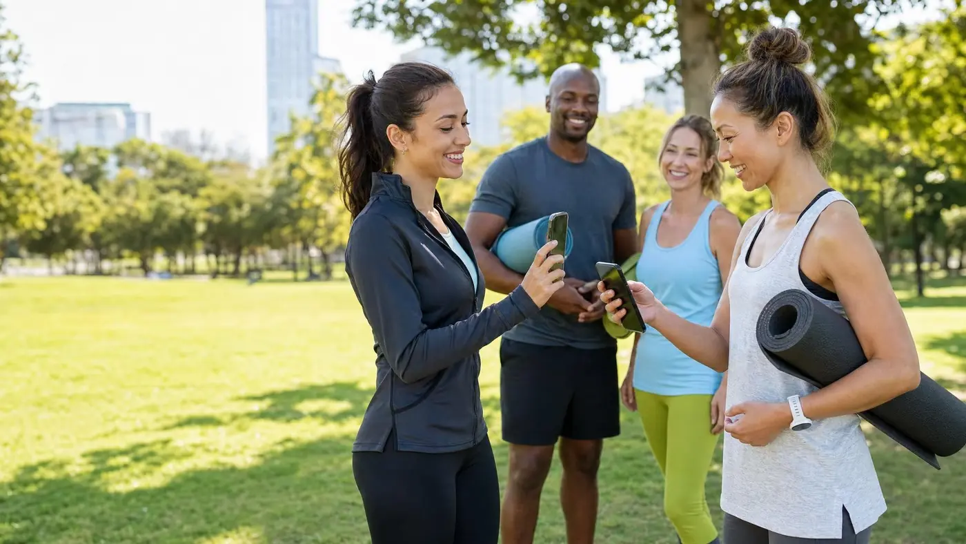 Friends with yoga mats looking at a phone