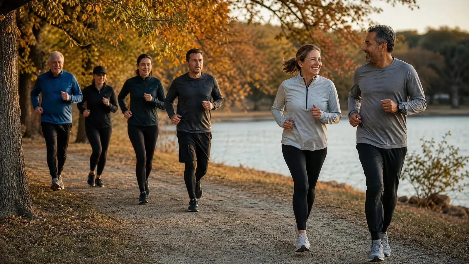 A group of runners on a lakeside trail in autumn