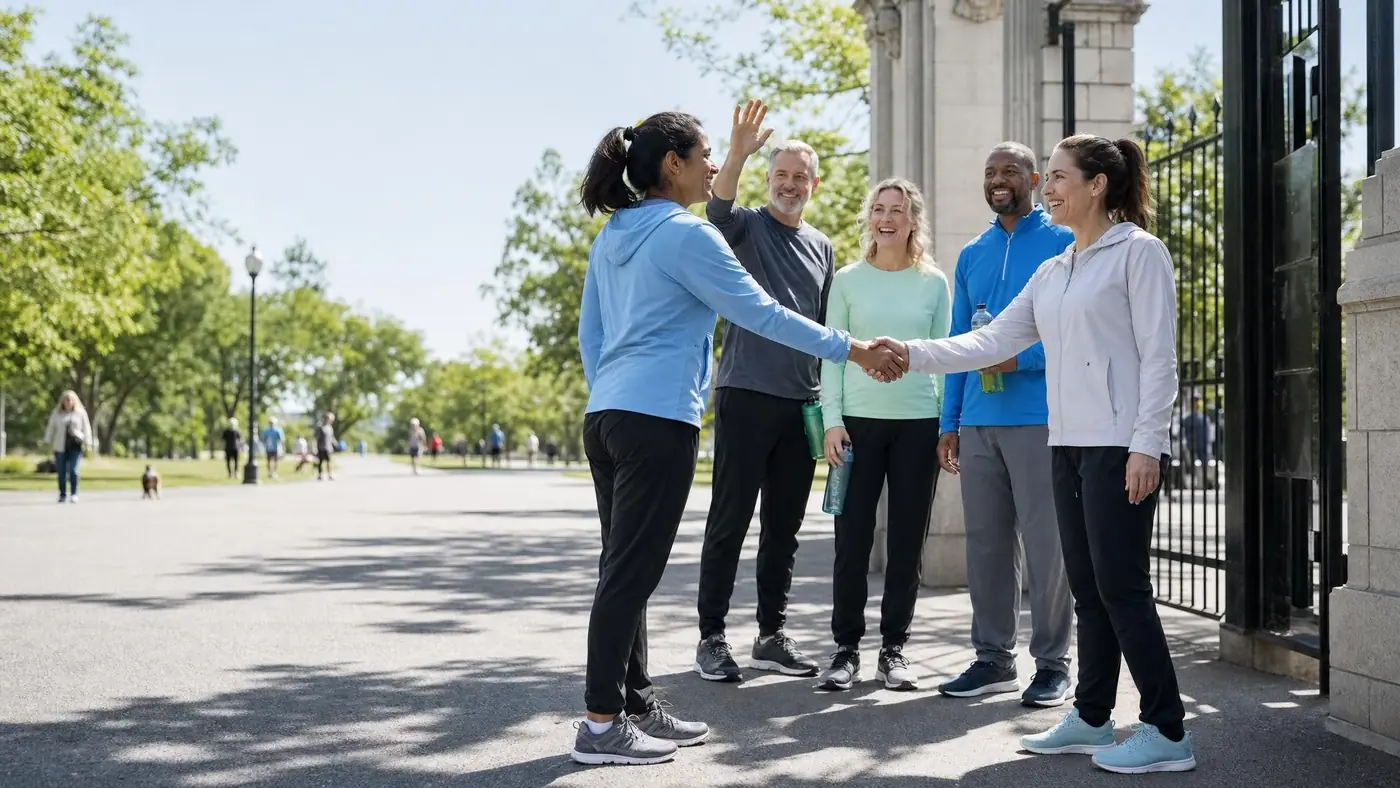 A group meeting and shaking hands at a park gate